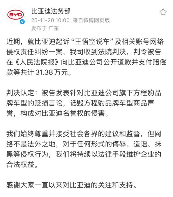 “王悟空说车”侵权比亚迪案判决，支付赔偿款等共计31.38万元196