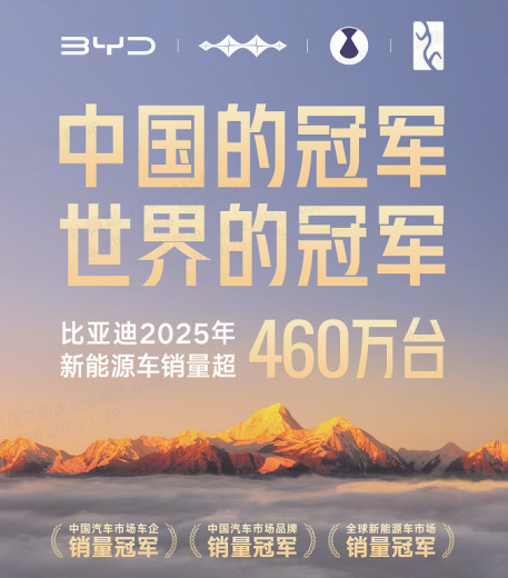 新闻稿:包揽中国&全球销冠!比亚迪2025年460万销量续写新能源传奇(含代码)250